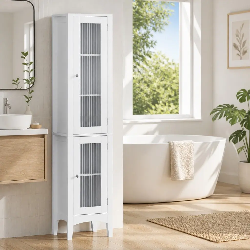 Bathroom Storage Cabinet Slim White MDF 160cm Tall with Glass Doors