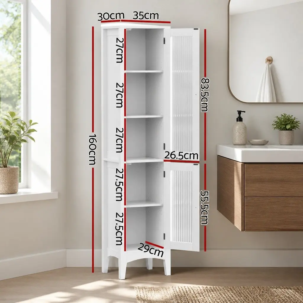 Bathroom Storage Cabinet Slim White MDF 160cm Tall with Glass Doors