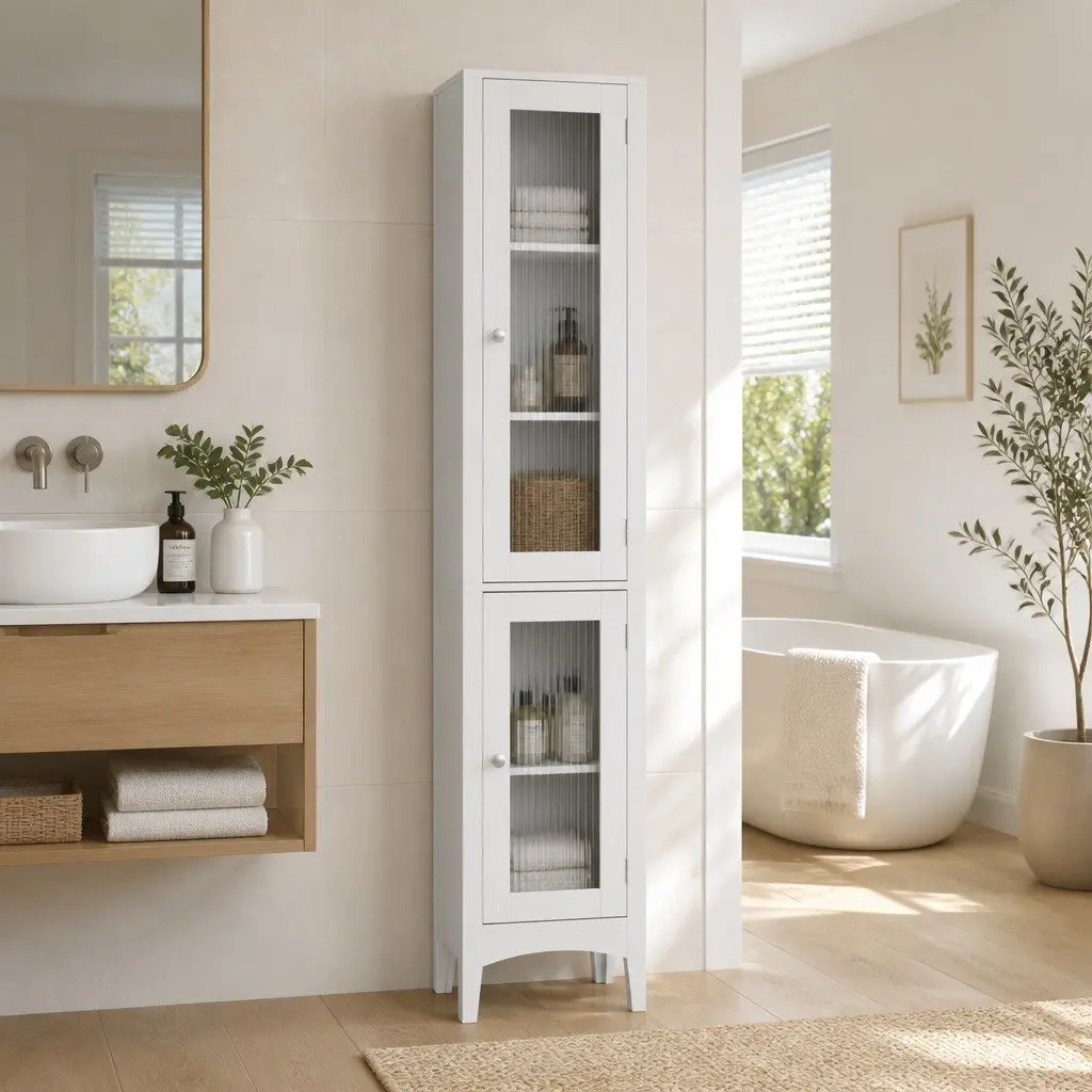 Bathroom Storage Cabinet Slim White MDF 160cm Tall with Glass Doors