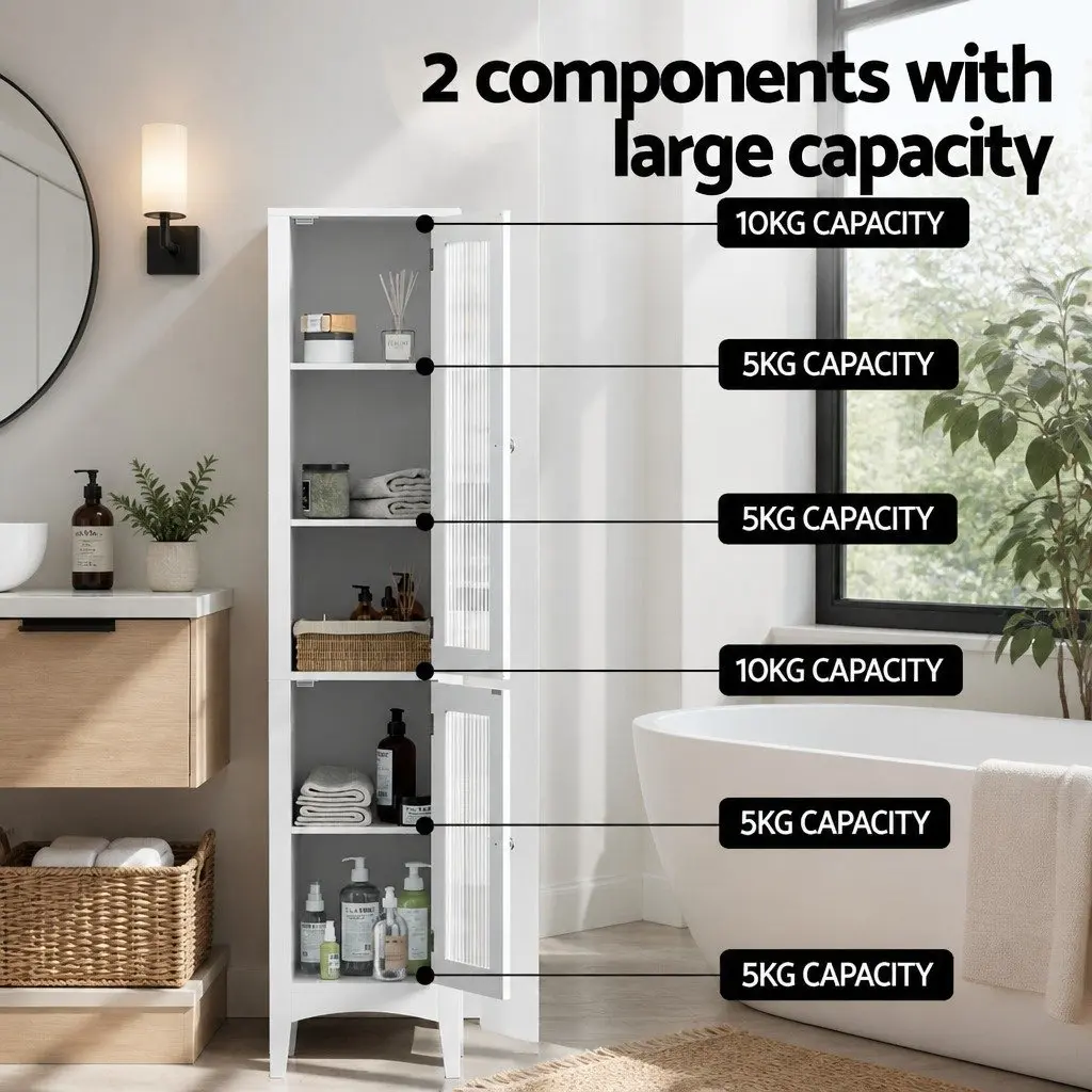 Bathroom Storage Cabinet Slim White MDF 160cm Tall with Glass Doors
