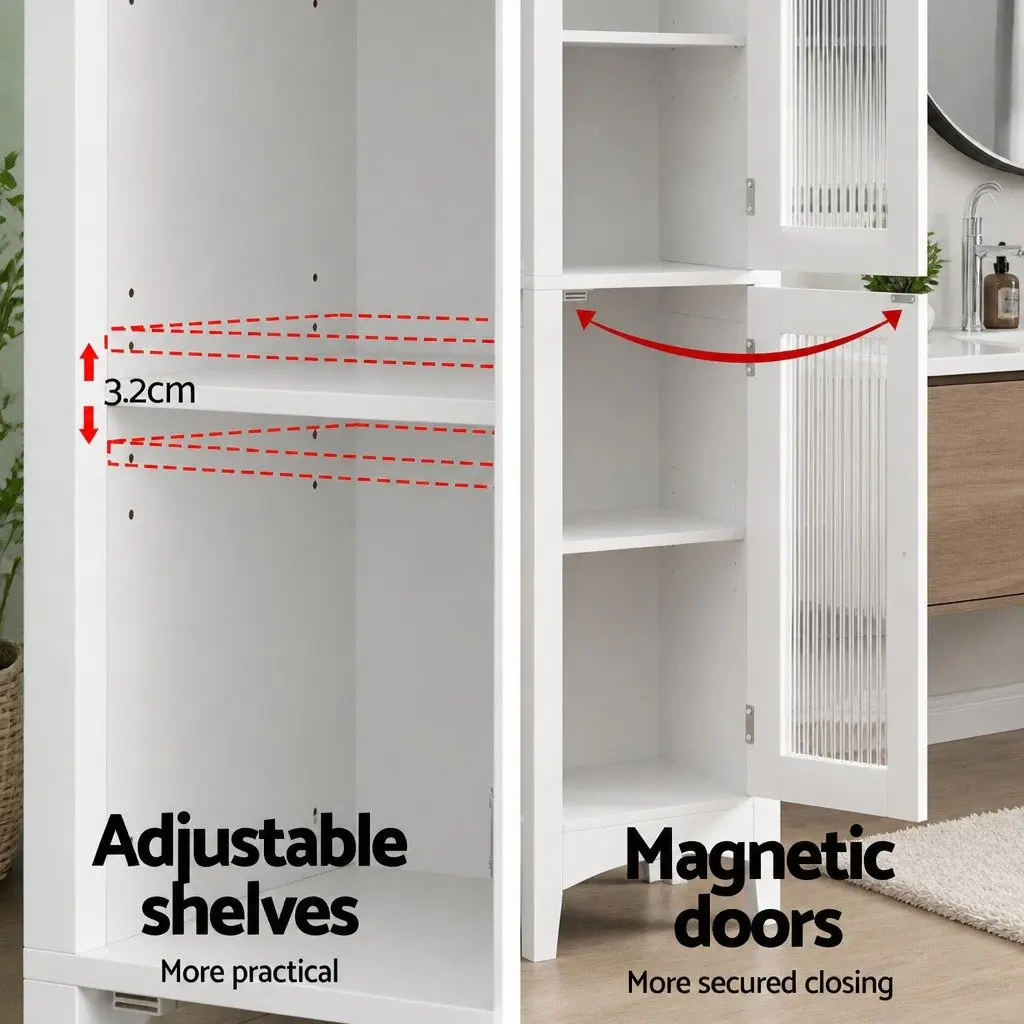Bathroom Storage Cabinet Slim White MDF 160cm Tall with Glass Doors