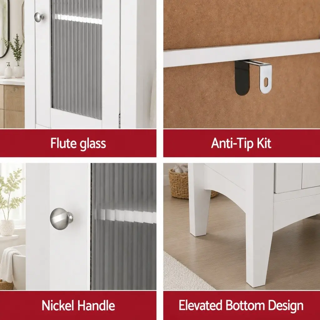 Bathroom Storage Cabinet Slim White MDF 160cm Tall with Glass Doors