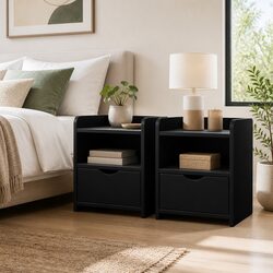 Charming Black Bedside Table with Drawer and Shelves
