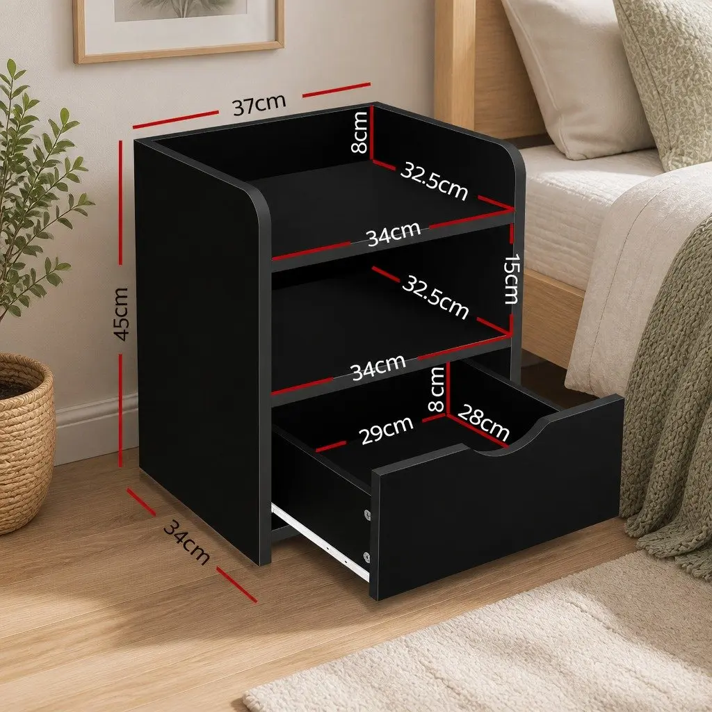 Bedside Table Black 1 Drawer with Shelves Low Density Fiber 37 x 34 x 45cm