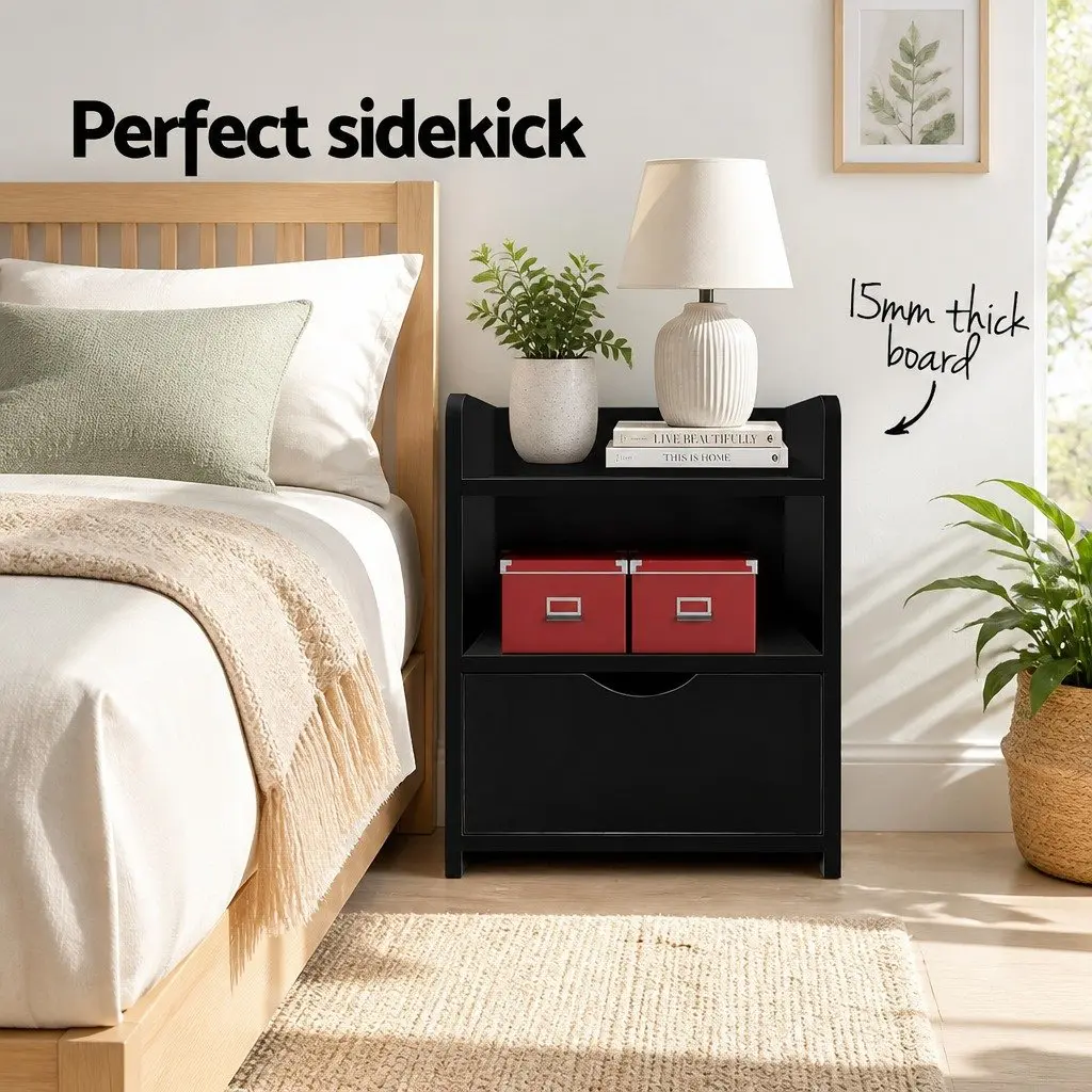 Bedside Table Black 1 Drawer with Shelves Low Density Fiber 37 x 34 x 45cm