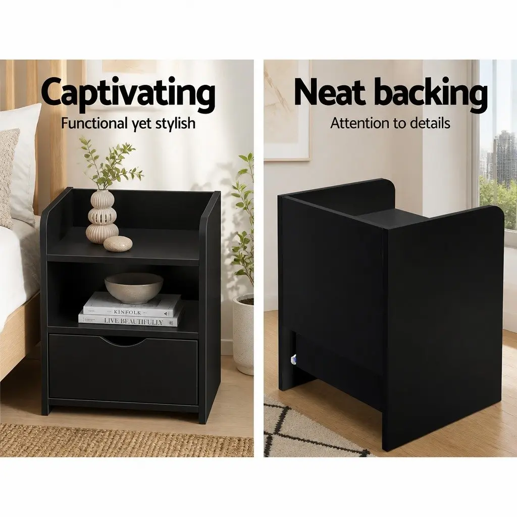 Bedside Table Black 1 Drawer with Shelves Low Density Fiber 37 x 34 x 45cm