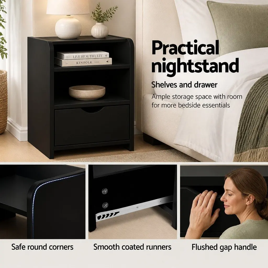 Bedside Table Black 1 Drawer with Shelves Low Density Fiber 37 x 34 x 45cm