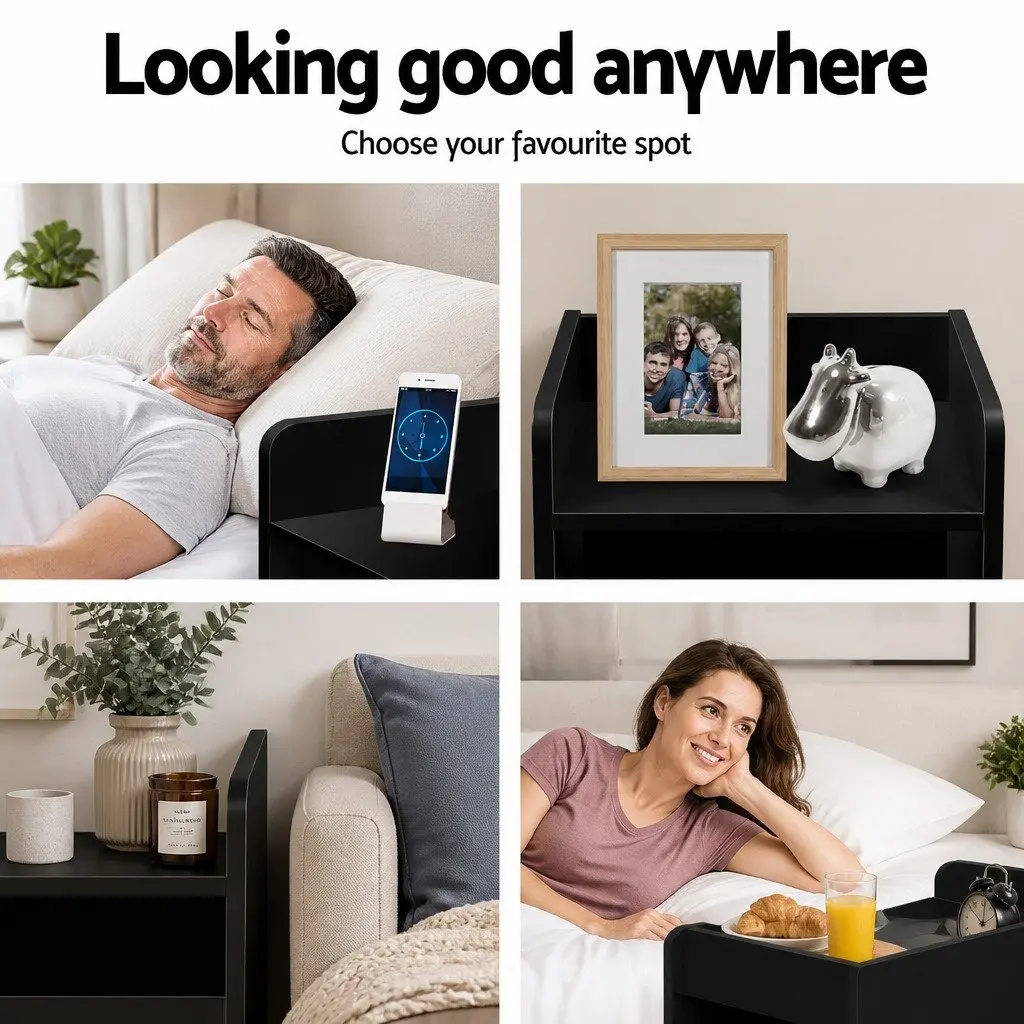 Bedside Table Black 1 Drawer with Shelves Low Density Fiber 37 x 34 x 45cm