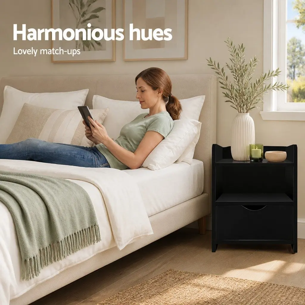 Bedside Table Black 1 Drawer with Shelves Low Density Fiber 37 x 34 x 45cm