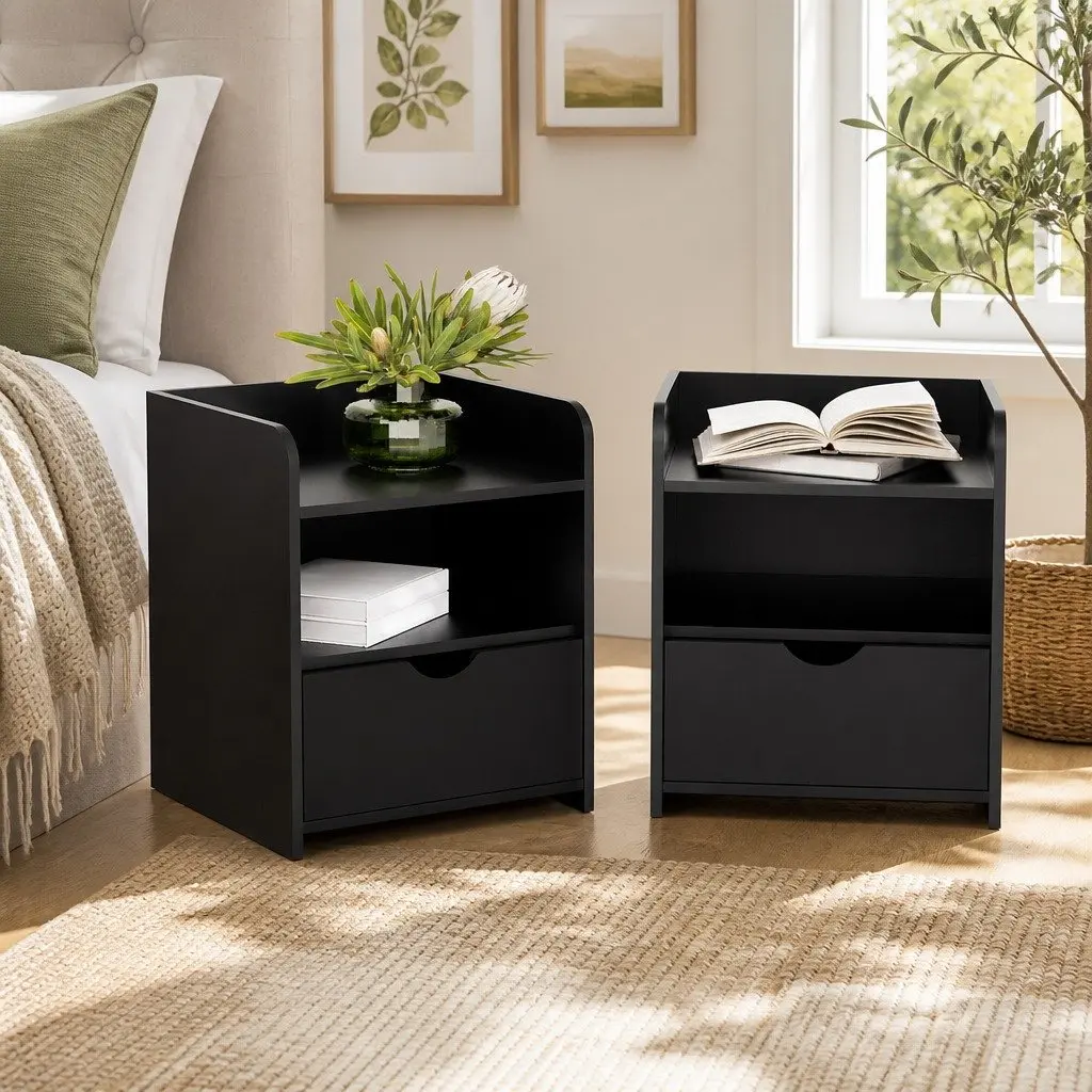 Bedside Table Black 1 Drawer with Shelves Low Density Fiber 37 x 34 x 45cm
