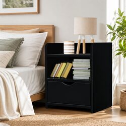 Charming Black Bedside Table with Drawer and Shelf
