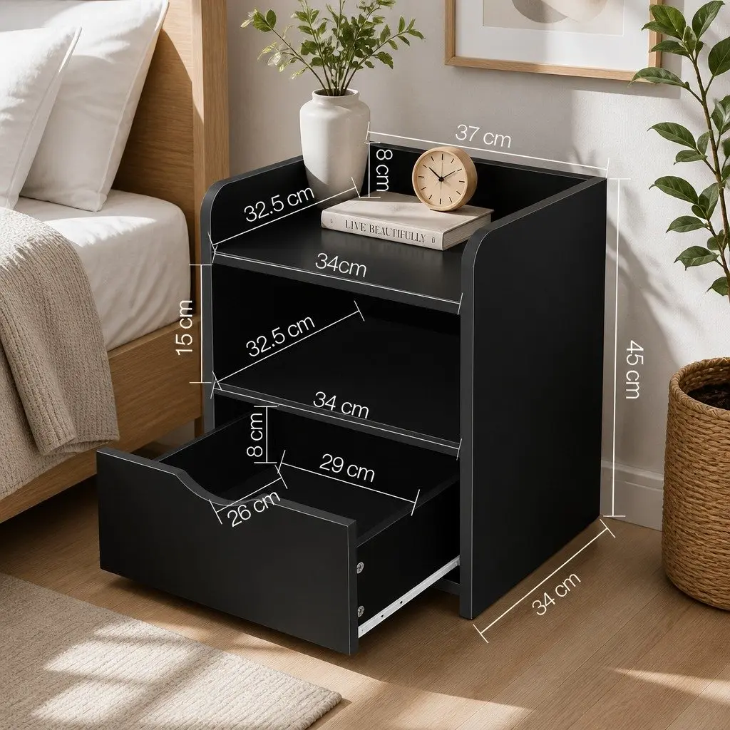 Bedside Table Black 37 x 34 x 45cm Low Density Fiber with 1 Drawer and Open Shelf