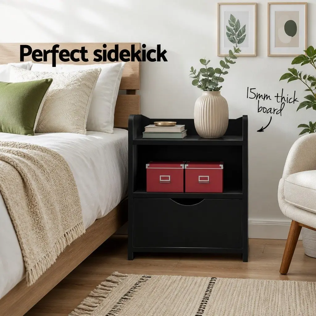Bedside Table Black 37 x 34 x 45cm Low Density Fiber with 1 Drawer and Open Shelf