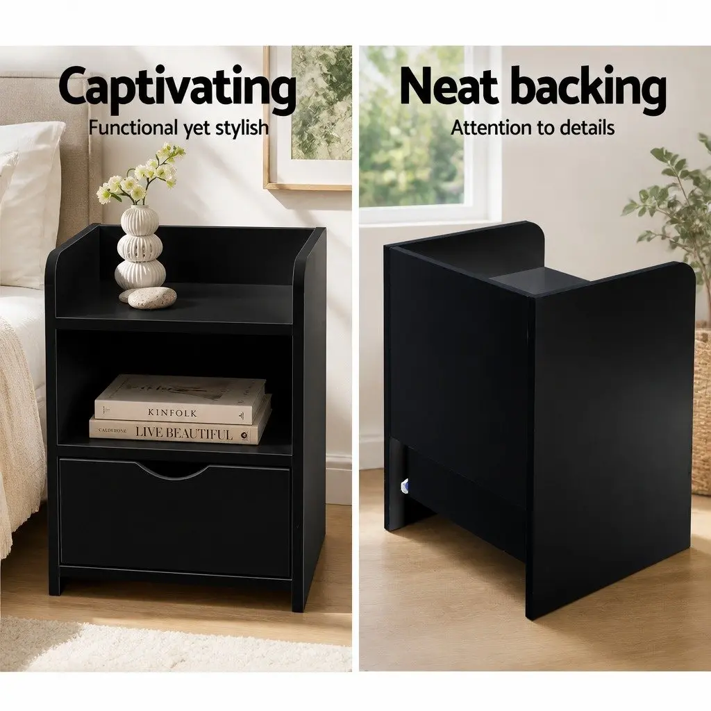 Bedside Table Black 37 x 34 x 45cm Low Density Fiber with 1 Drawer and Open Shelf