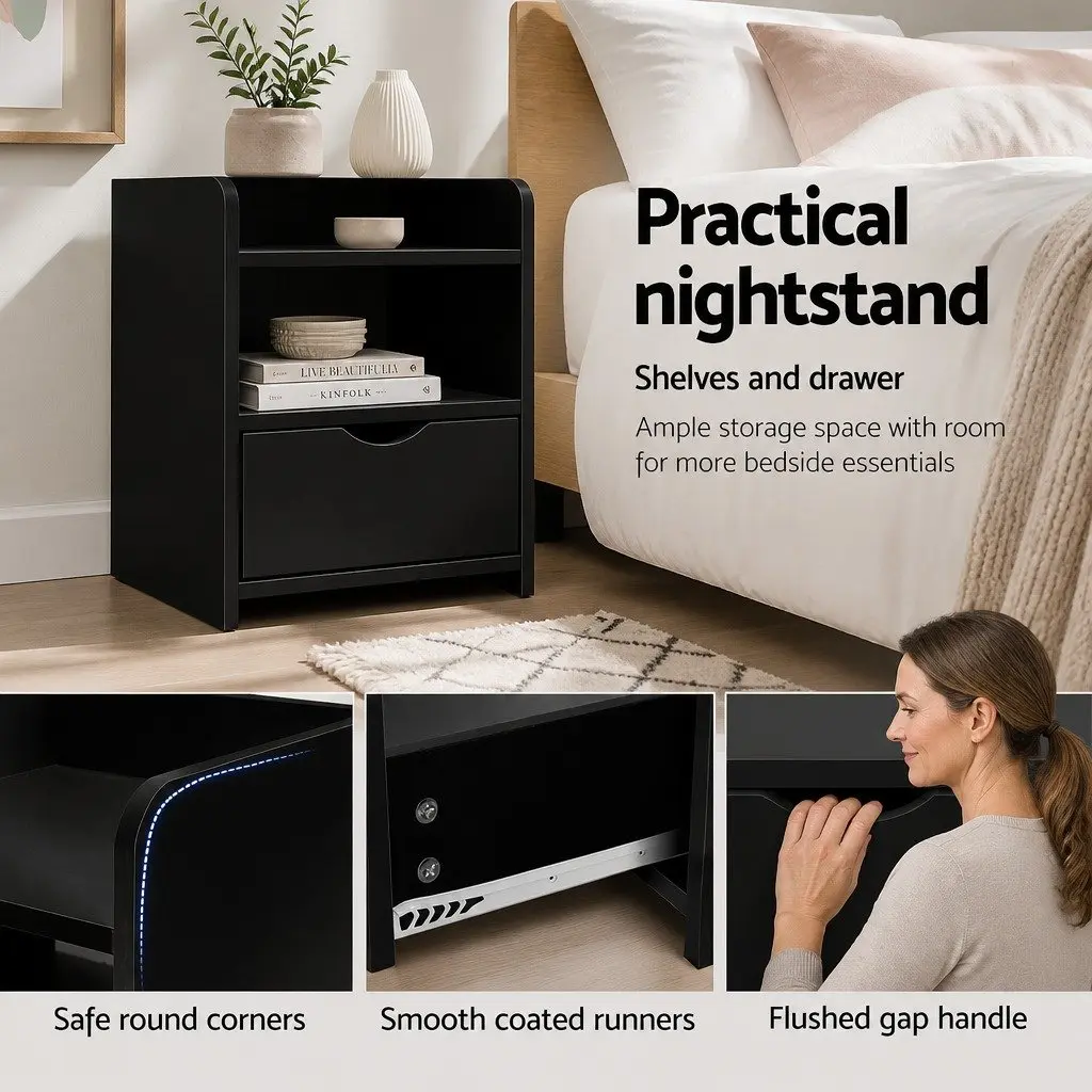Bedside Table Black 37 x 34 x 45cm Low Density Fiber with 1 Drawer and Open Shelf