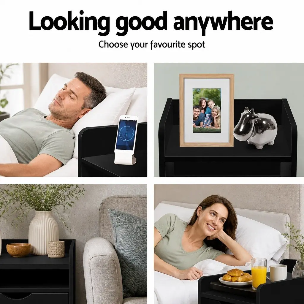 Bedside Table Black 37 x 34 x 45cm Low Density Fiber with 1 Drawer and Open Shelf