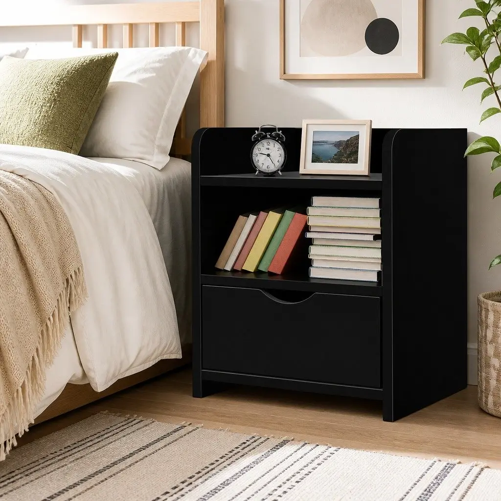 Bedside Table Black 37 x 34 x 45cm Low Density Fiber with 1 Drawer and Open Shelf