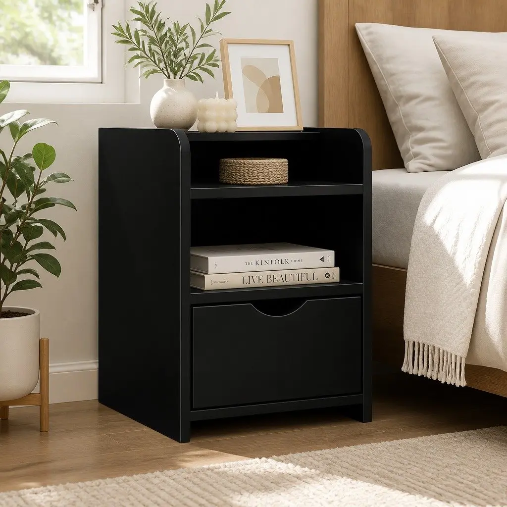 Bedside Table Black 37 x 34 x 45cm Low Density Fiber with 1 Drawer and Open Shelf