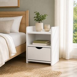 Elegant White Bedside Table with Drawer and Shelf