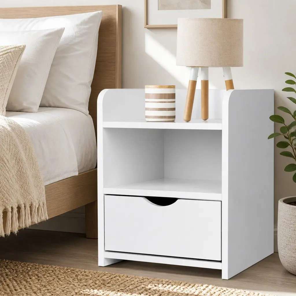 Bedside Table White 1 Drawer with Shelf Low Density Fiber 37 x 34 x 45cm