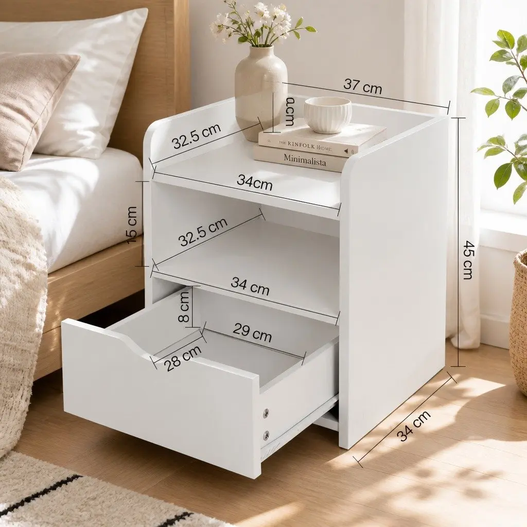 Bedside Table White 1 Drawer with Shelf Low Density Fiber 37 x 34 x 45cm