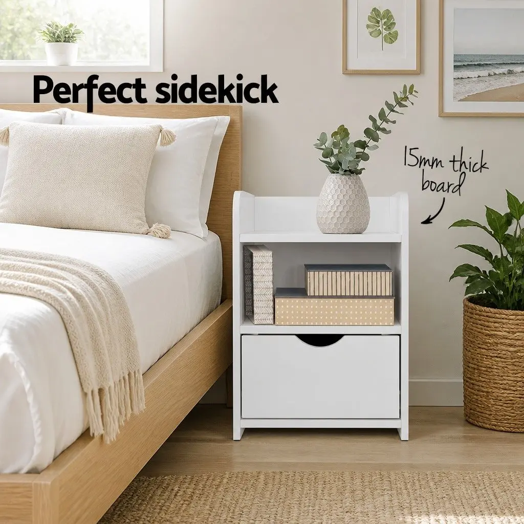 Bedside Table White 1 Drawer with Shelf Low Density Fiber 37 x 34 x 45cm