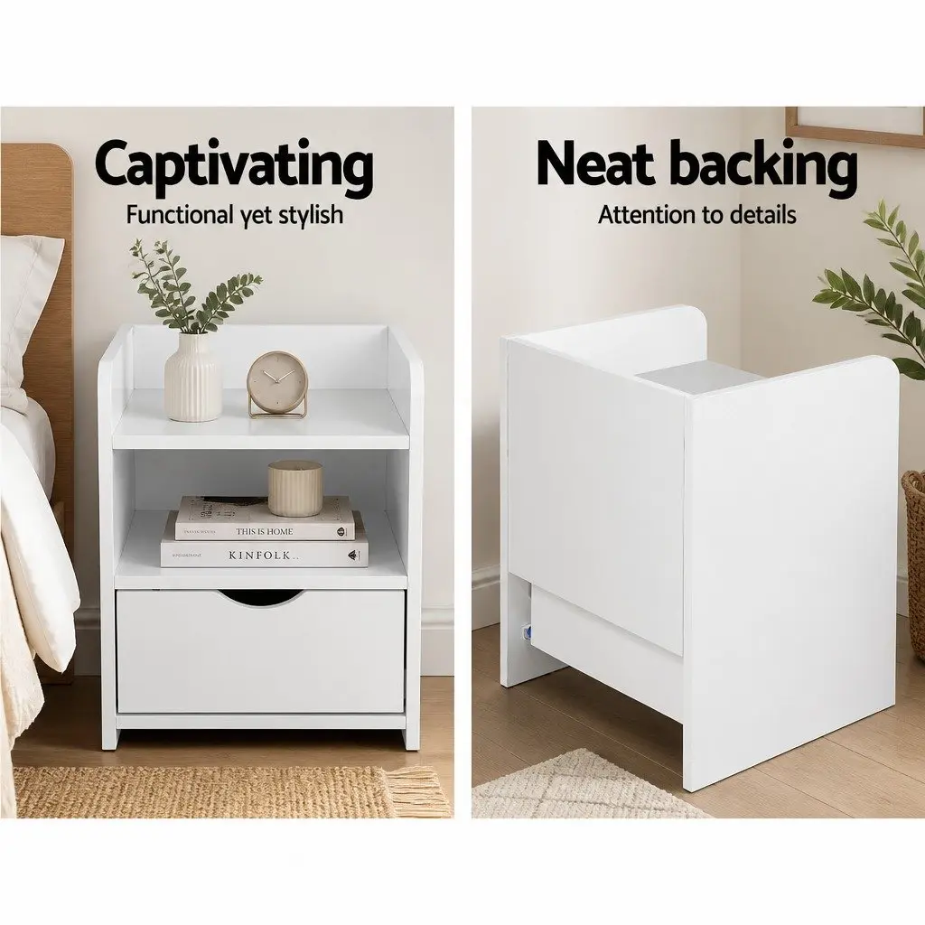 Bedside Table White 1 Drawer with Shelf Low Density Fiber 37 x 34 x 45cm