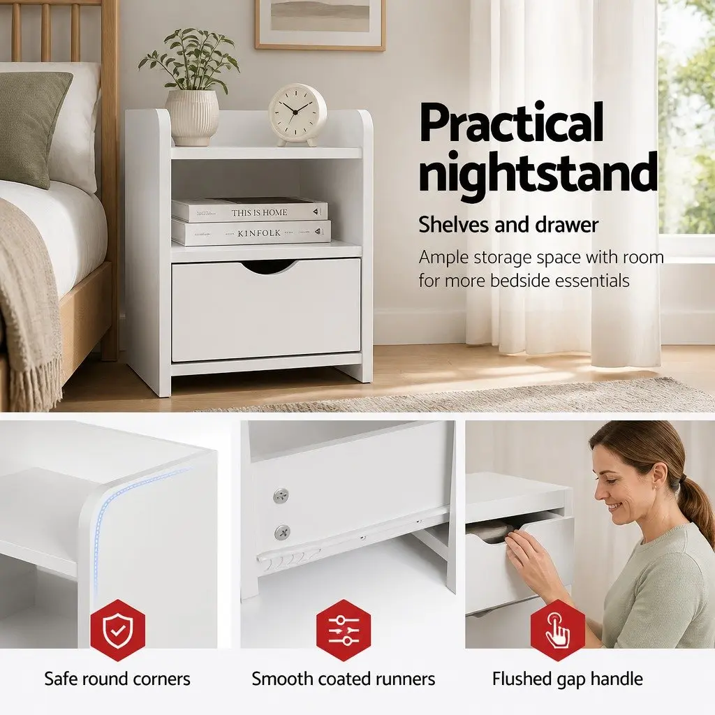Bedside Table White 1 Drawer with Shelf Low Density Fiber 37 x 34 x 45cm
