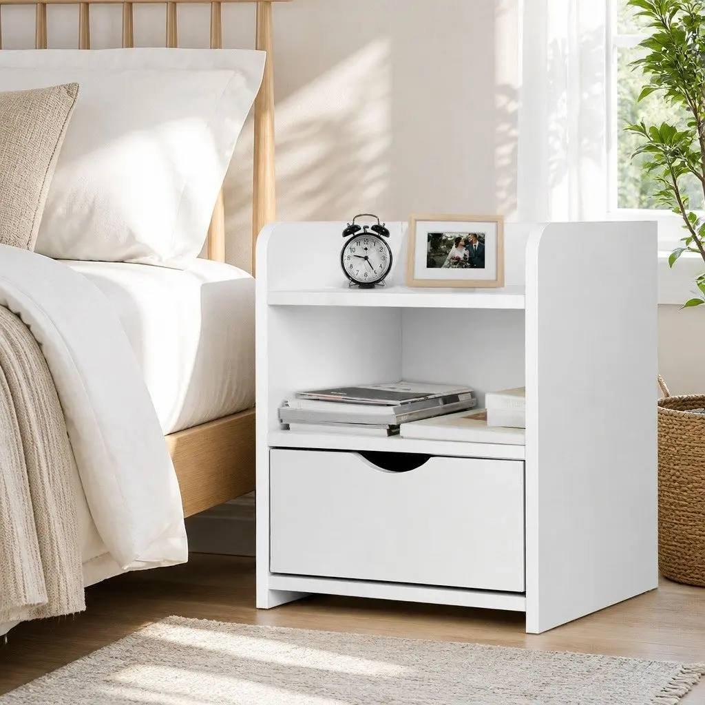 Bedside Table White 1 Drawer with Shelf Low Density Fiber 37 x 34 x 45cm