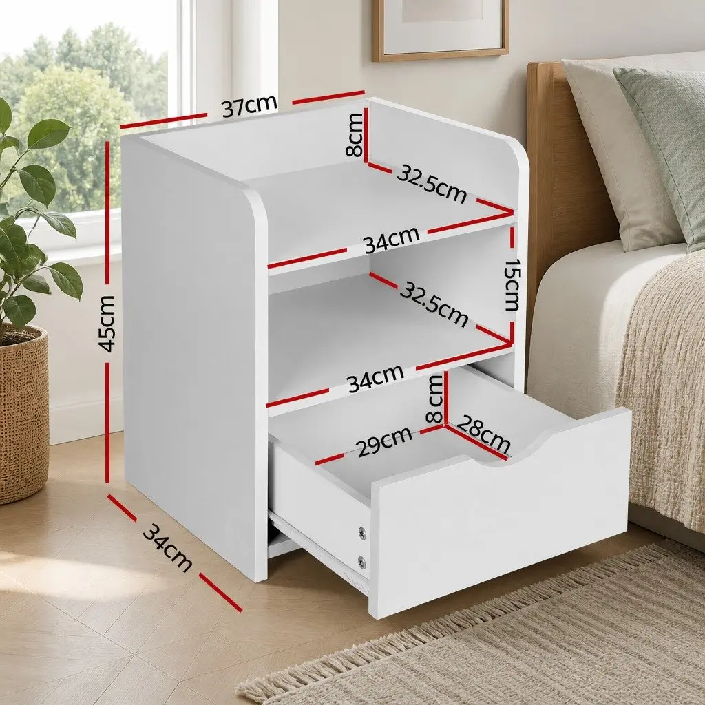 Bedside Table White 1 Drawer with Shelf Low Density Fiber 37 x 34 x 45cm