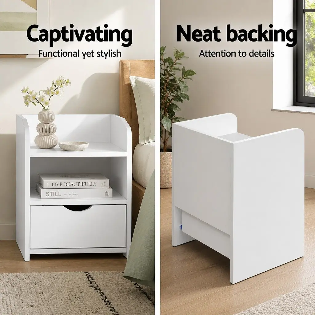 Bedside Table White 1 Drawer with Shelf Low Density Fiber 37 x 34 x 45cm