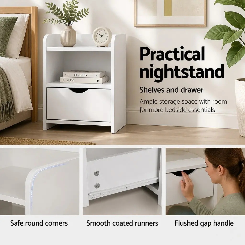 Bedside Table White 1 Drawer with Shelf Low Density Fiber 37 x 34 x 45cm