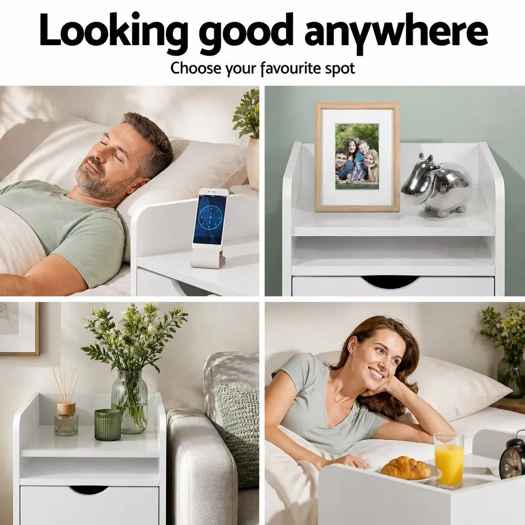 Bedside Table White 1 Drawer with Shelf Low Density Fiber 37 x 34 x 45cm