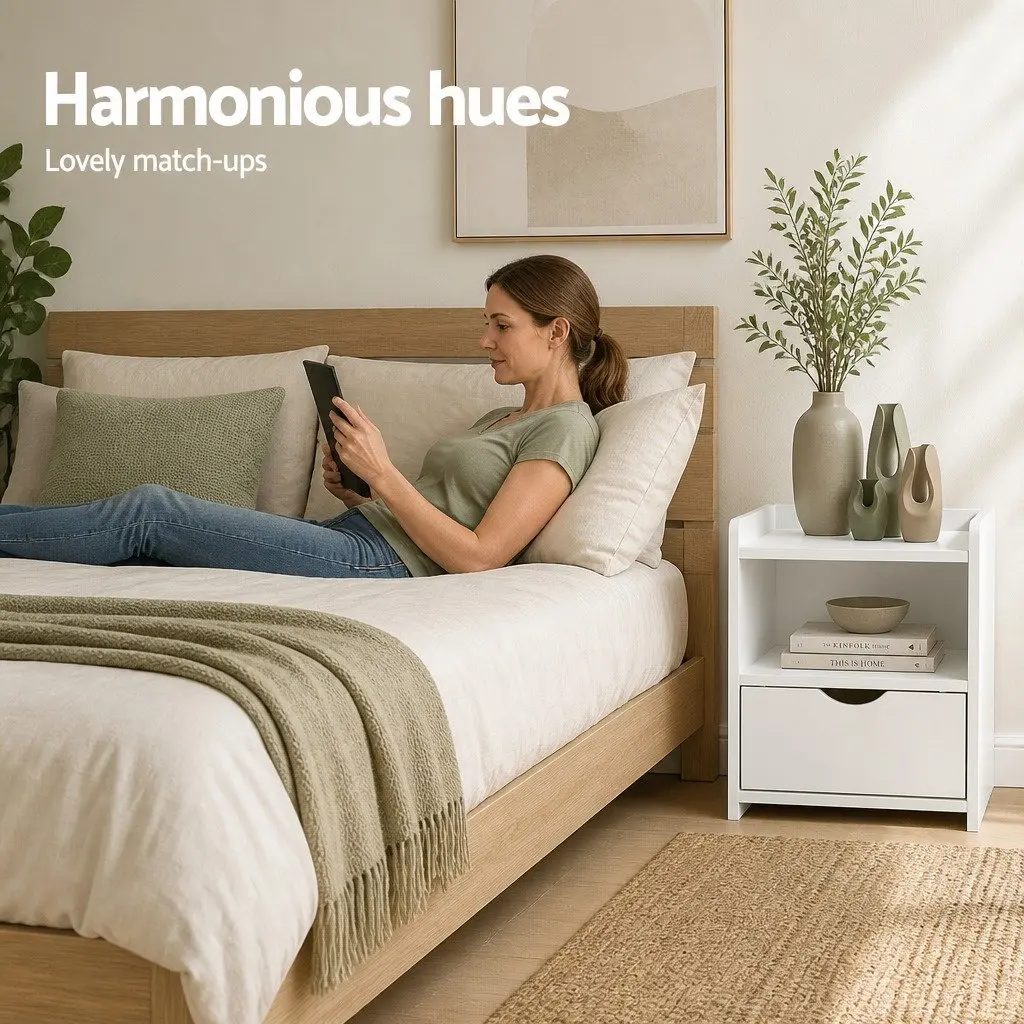 Bedside Table White 1 Drawer with Shelf Low Density Fiber 37 x 34 x 45cm