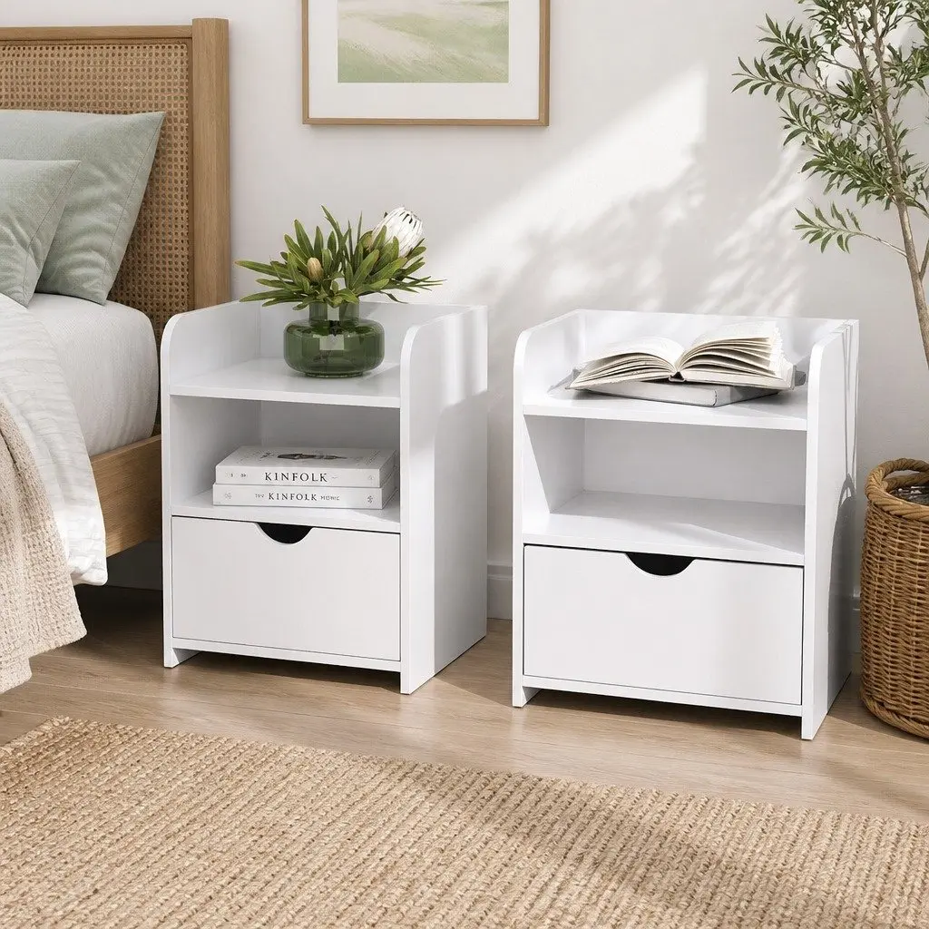 Bedside Table White 1 Drawer with Shelf Low Density Fiber 37 x 34 x 45cm