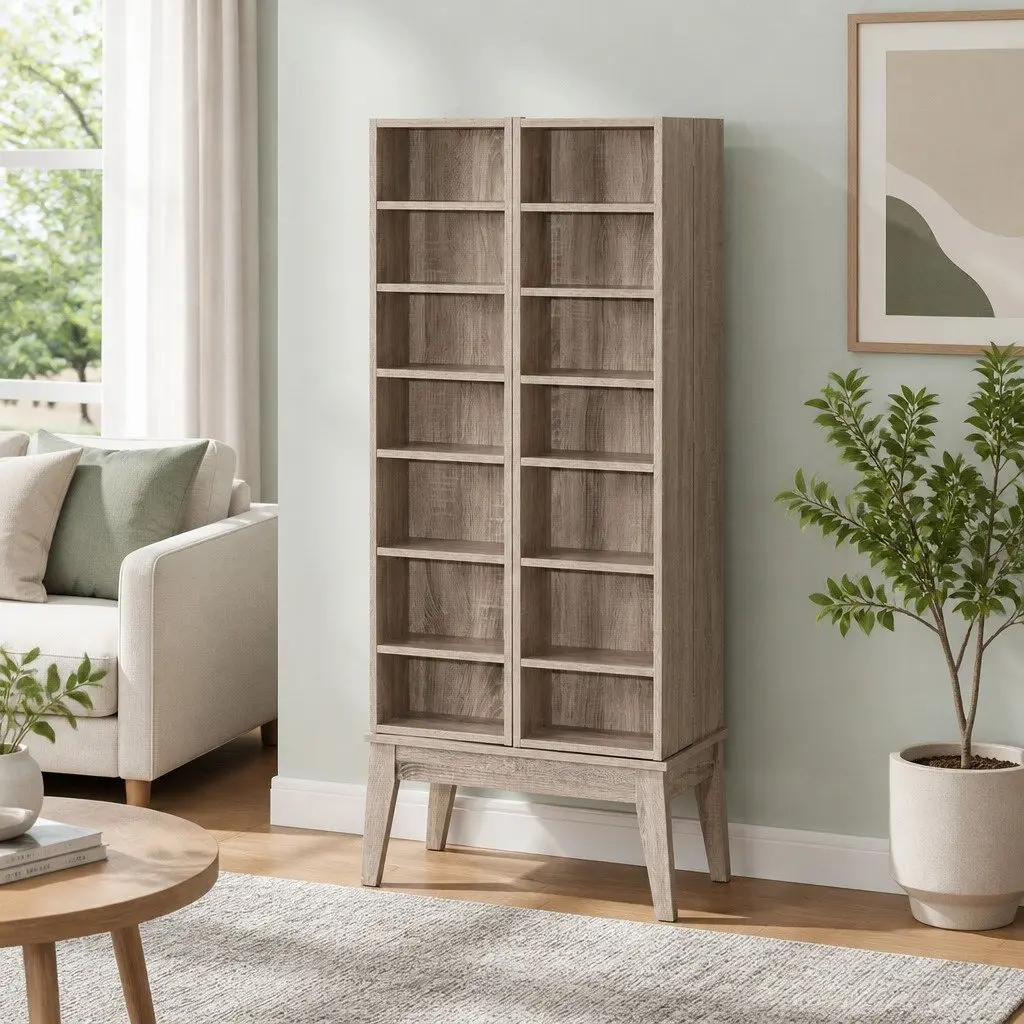 Oak Media Storage Rack with Adjustable Shelves