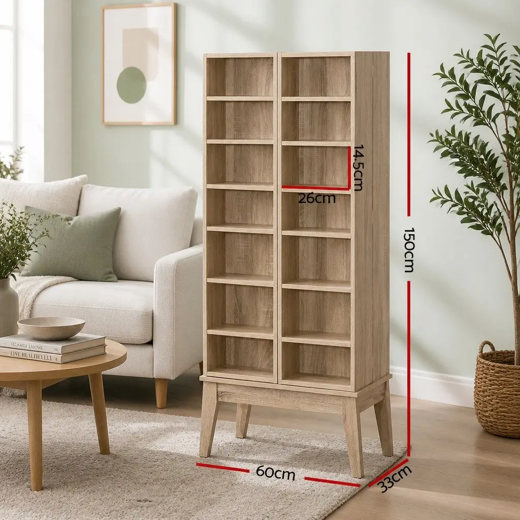 Oak Media Storage Rack with Adjustable Shelves