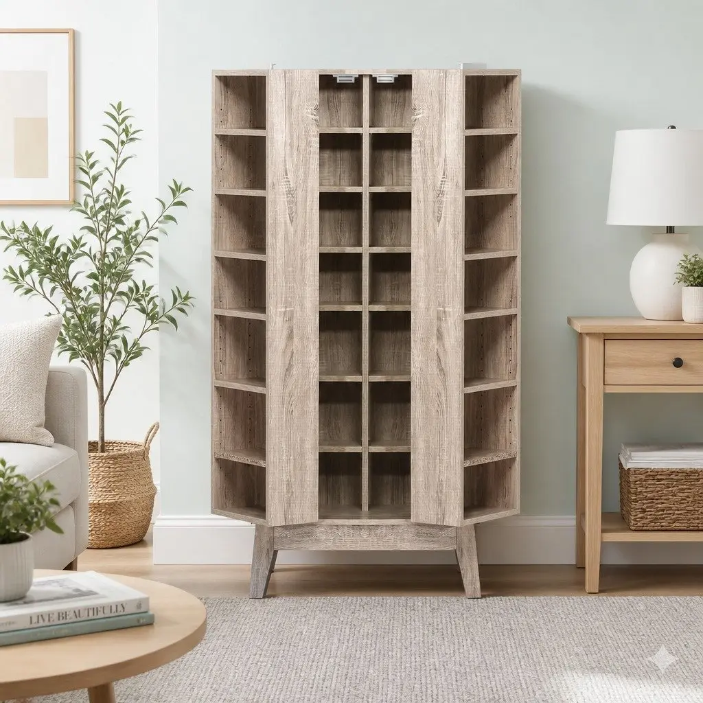 Oak Media Storage Rack with Adjustable Shelves