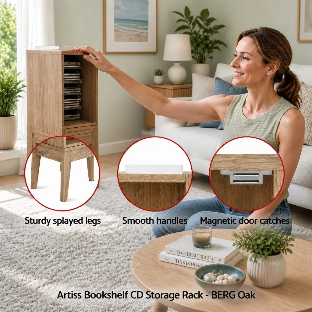 Oak Media Storage Rack with Adjustable Shelves