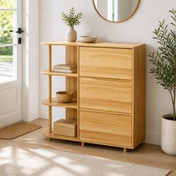 3-Drawer Chest with Open Shelves and Pine Wood Legs