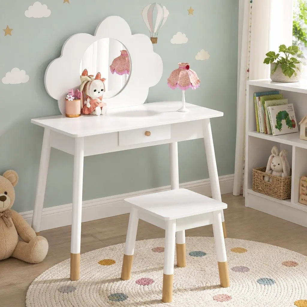 Kids Dressing Table Chair Set Vanity Mirror Drawer White Wooden Leg Makeup Play