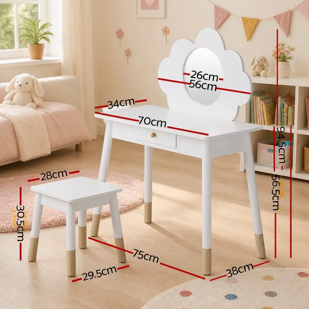 Kids Dressing Table Chair Set Vanity Mirror Drawer White Wooden Leg Makeup Play