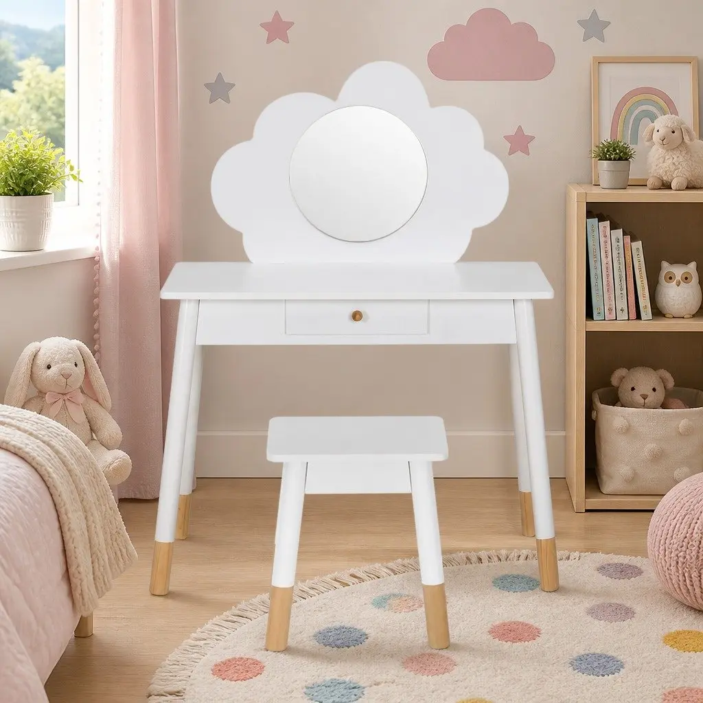 Kids Dressing Table Chair Set Vanity Mirror Drawer White Wooden Leg Makeup Play