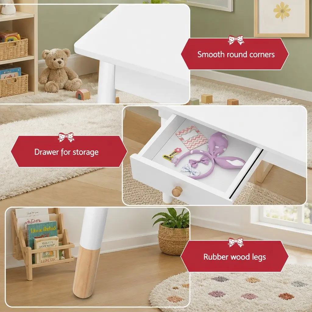 Kids Dressing Table Chair Set Vanity Mirror Drawer White Wooden Leg Makeup Play