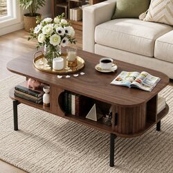 Durable Walnut Coffee Table with Storage and Open Shelves