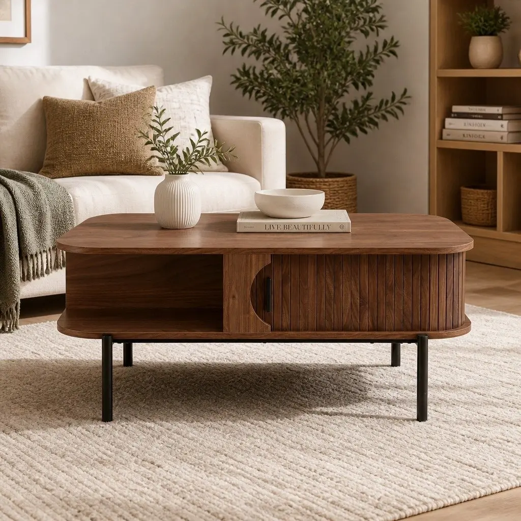 Walnut Coffee Table with Storage and Open Shelves