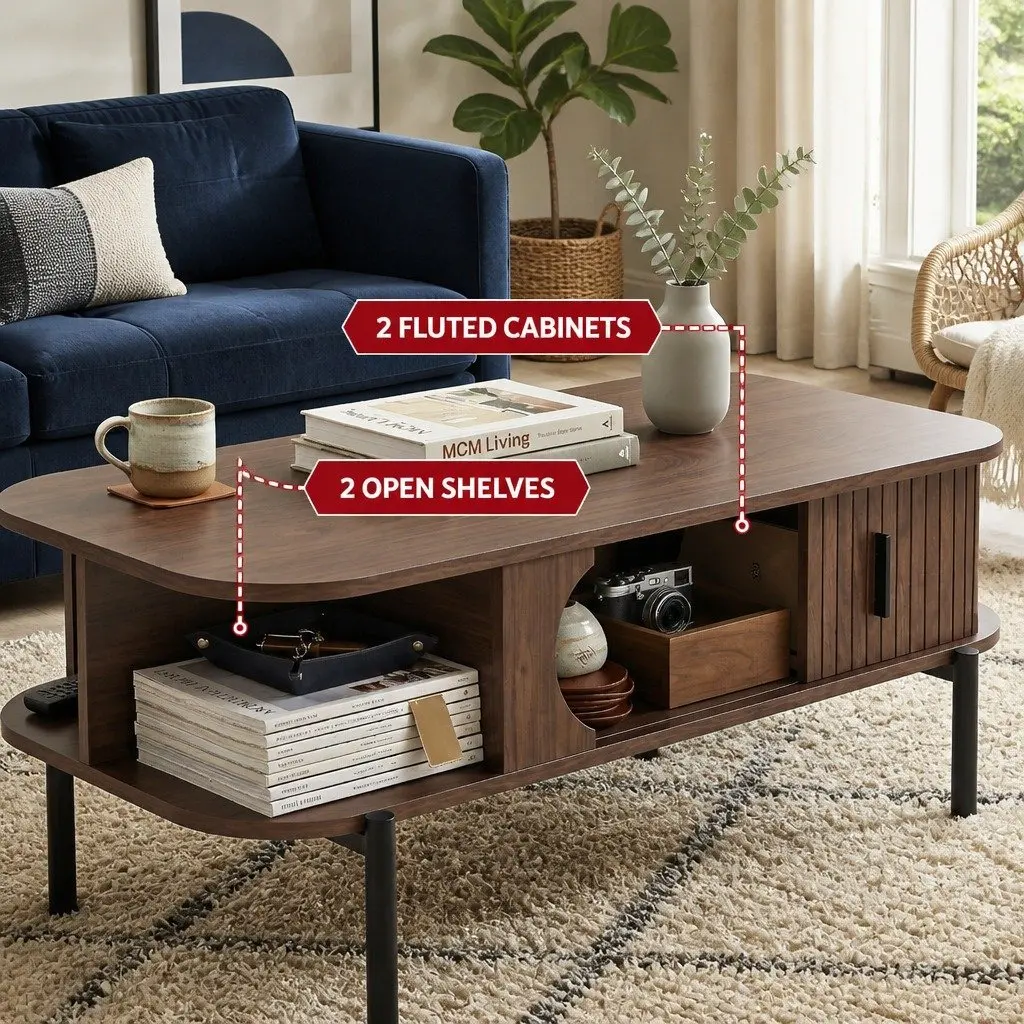 Walnut Coffee Table with Storage and Open Shelves