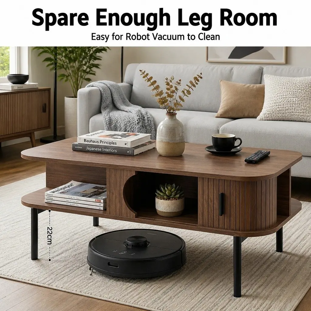 Walnut Coffee Table with Storage and Open Shelves