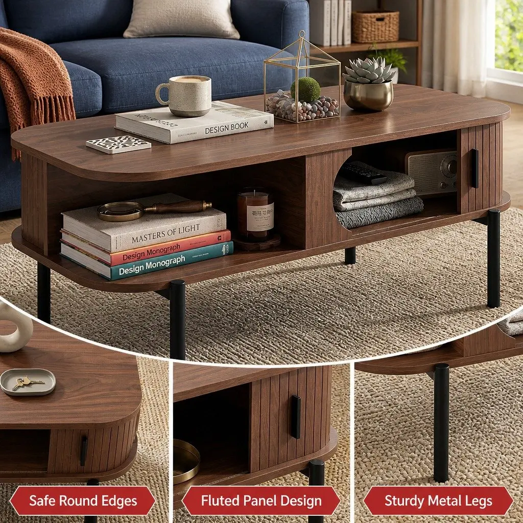 Walnut Coffee Table with Storage and Open Shelves