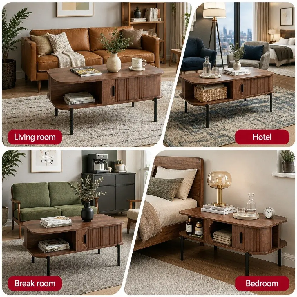 Walnut Coffee Table with Storage and Open Shelves
